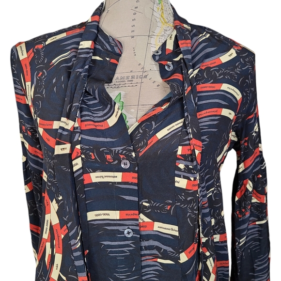 rokh Size 2-4 Silk Scarf Midi Shirtdress Blue Classic Chain Link Abstract Print - Picture 11 of 16